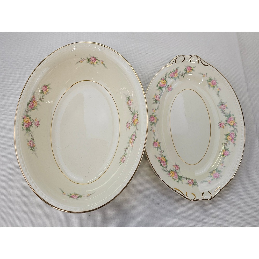 Homer Laughlin Eggshell Georgian Floral Oval Vegetable Bowl & Relish Dish Set